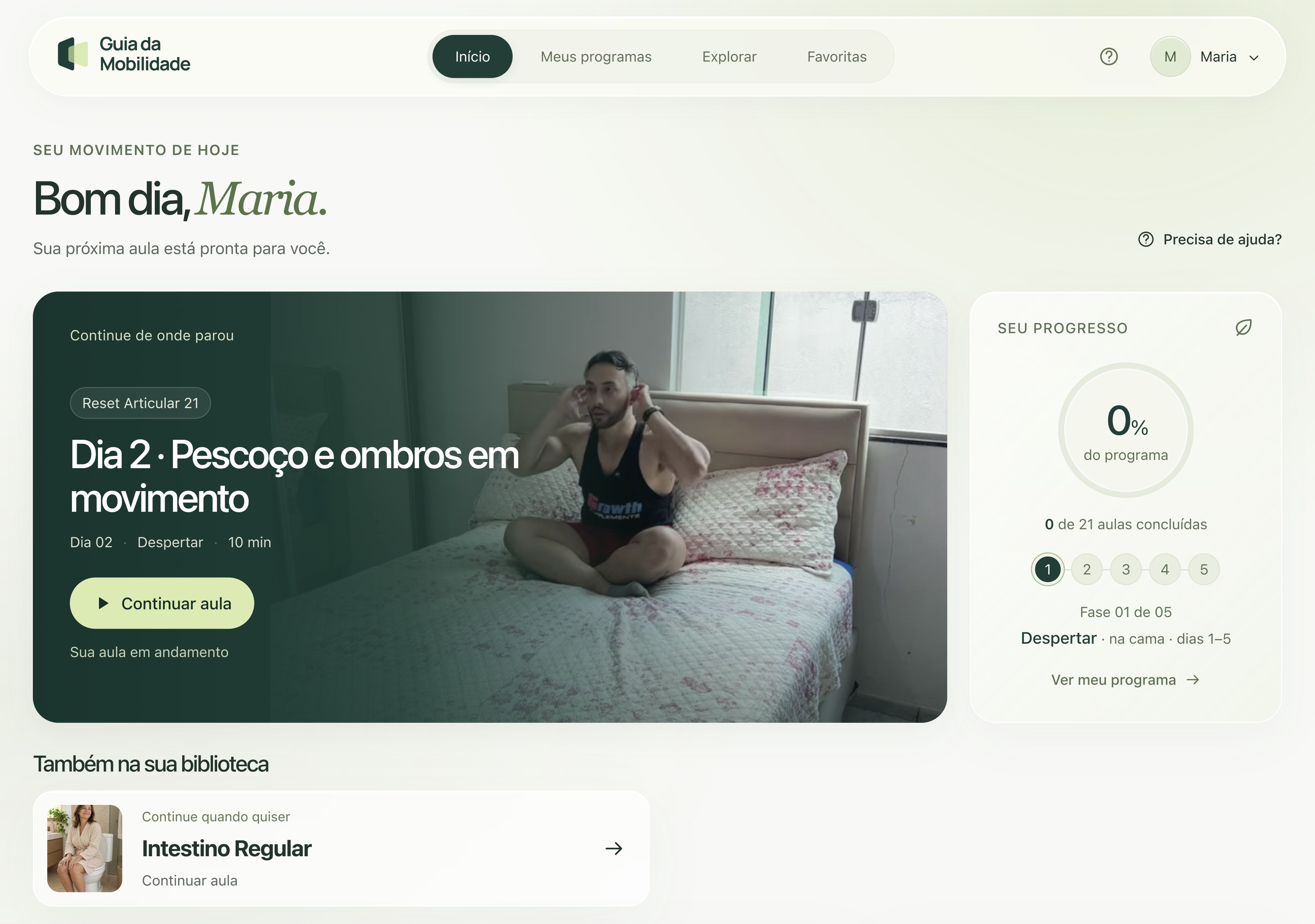 Tela inicial da área de membros, com a aula do Reset Articular em andamento e o acompanhamento de progresso.